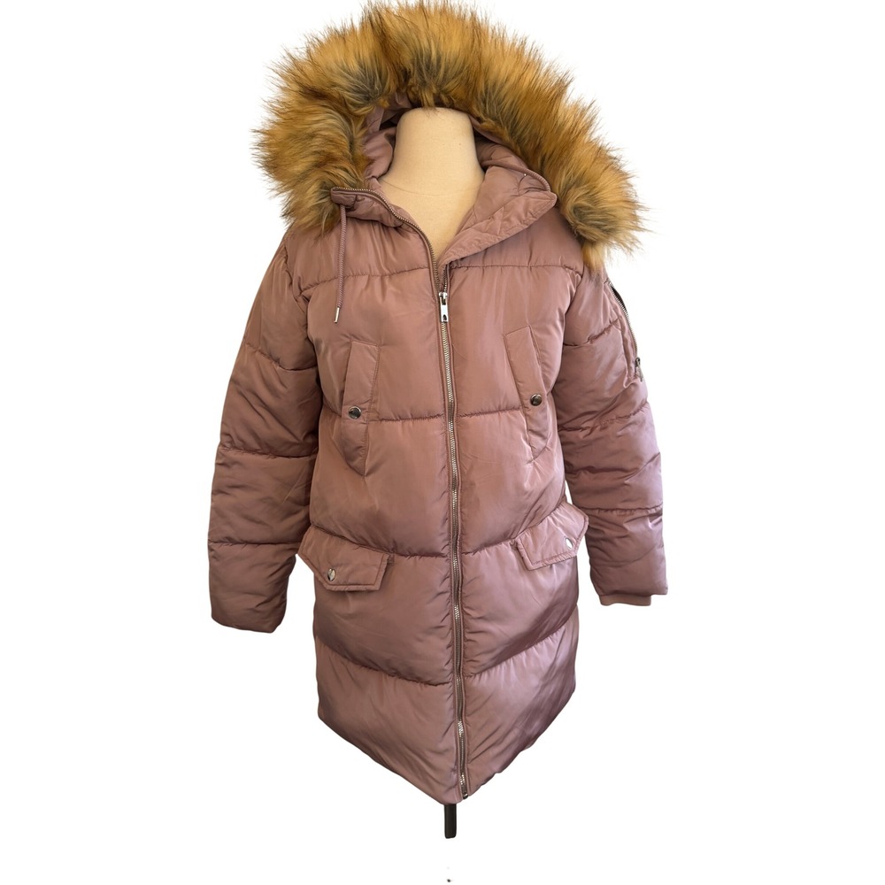 Forever 21 Womens Small Mauve Faux Fur Trim Hooded Quilted Puffer Coat Parka